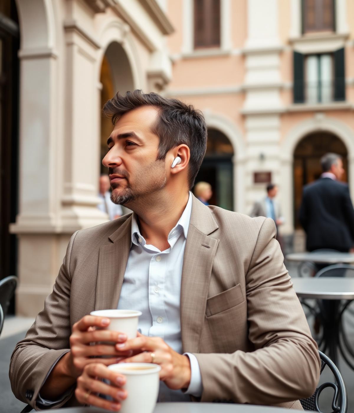 Uomo italiano in piazza con gli auricolari TVE Easy Audio