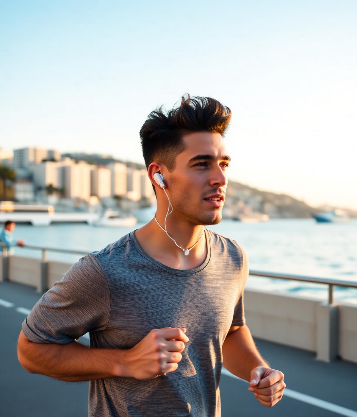 Runner italiano sul lungomare con gli auricolari TVE Easy Audio