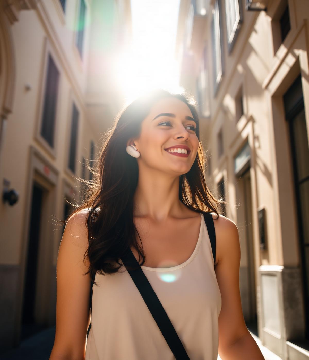 Giovane donna italiana indossa gli auricolari TVE Easy Audio